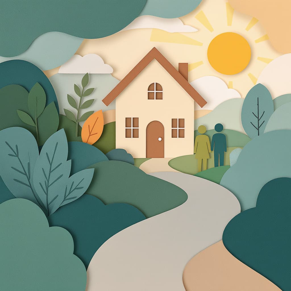 Layered paper-cut illustration of three generations sharing care and warmth